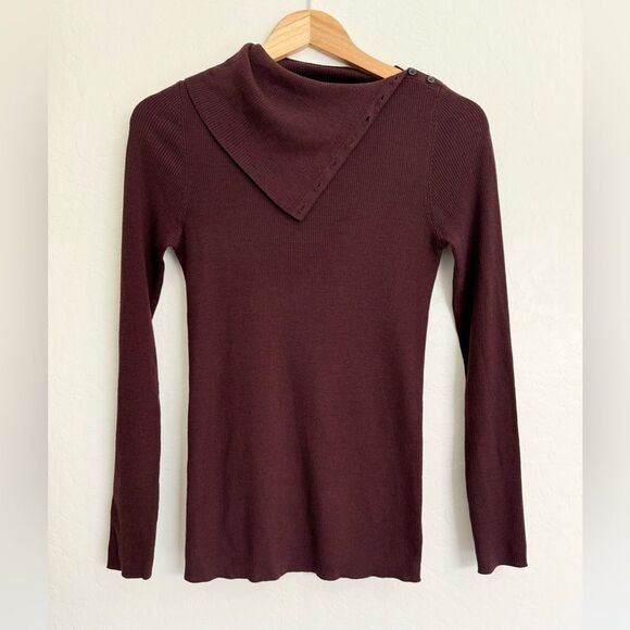Theory Sweaters - Theory Merino Wool Button Turtleneck Ribbed Wine Maroon Size Medium